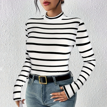 Haut moulant femme col montant rayé noir et blanc à manches longues
