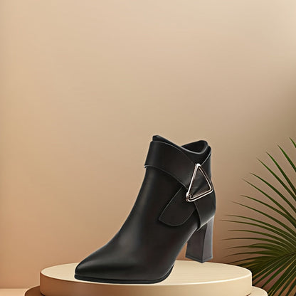 Bottines femme à talons épais, bout pointu, avec boucle décorative et fermeture éclair latérale