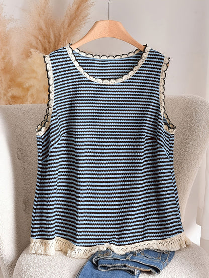Dames tanktop grote maat elegante stijl met strepen en franjes, voor lente en zomer