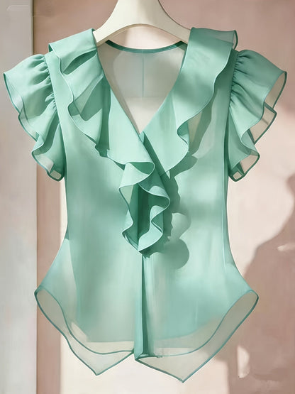 Blouse Femme Élégante à Volants Style Romantique pour Tenue Chic et Bureau