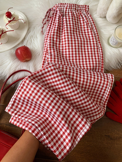 Pantalon de pyjama Doux Vichy Carreaux Rouges et Blancs Doublé Polaire pour Femme