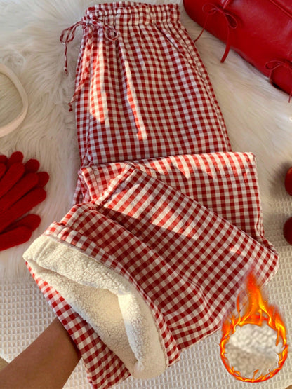 Pantalon de pyjama Doux Vichy Carreaux Rouges et Blancs Doublé Polaire pour Femme