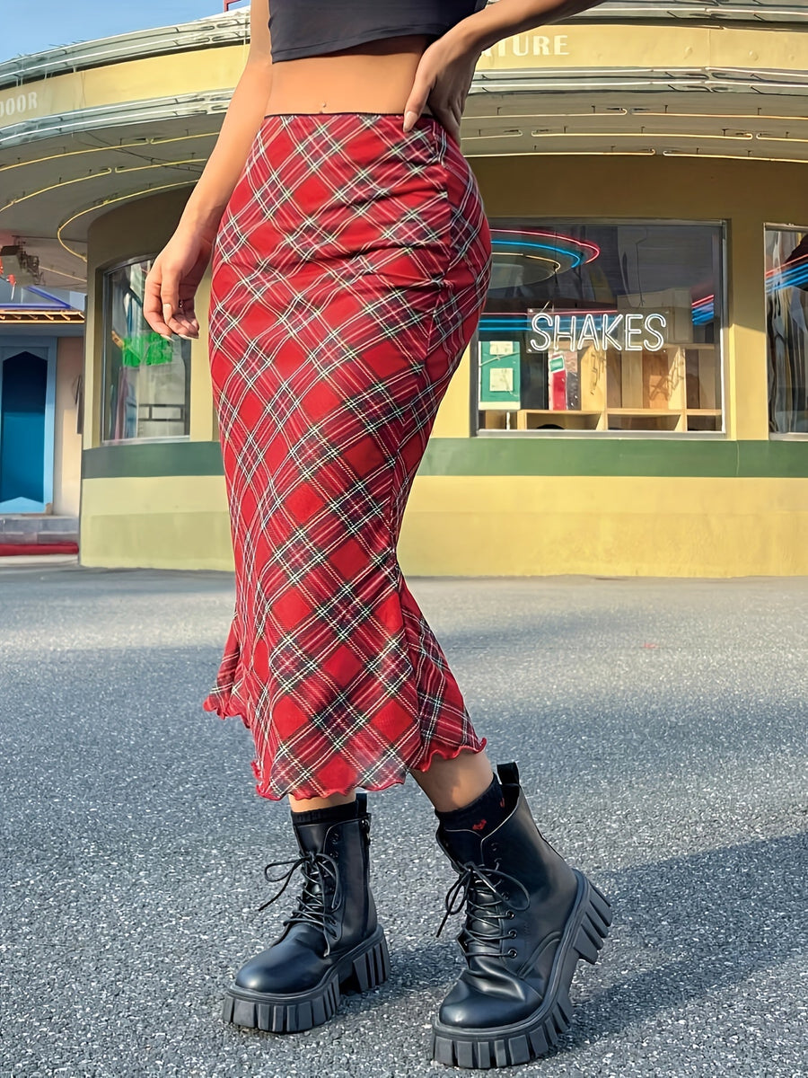 Jupe longue à carreaux géométriques style élégant pour femme