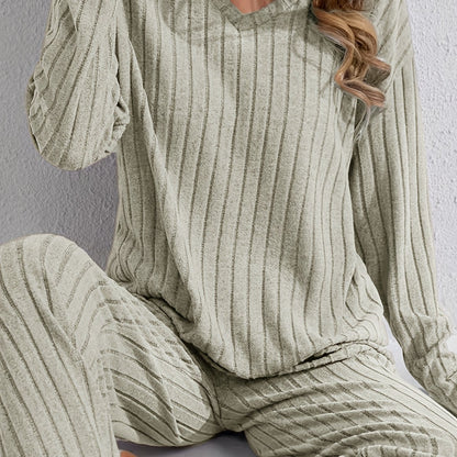 Ensemble détente côtelé Femme col V, pantalon large et haut manches longues