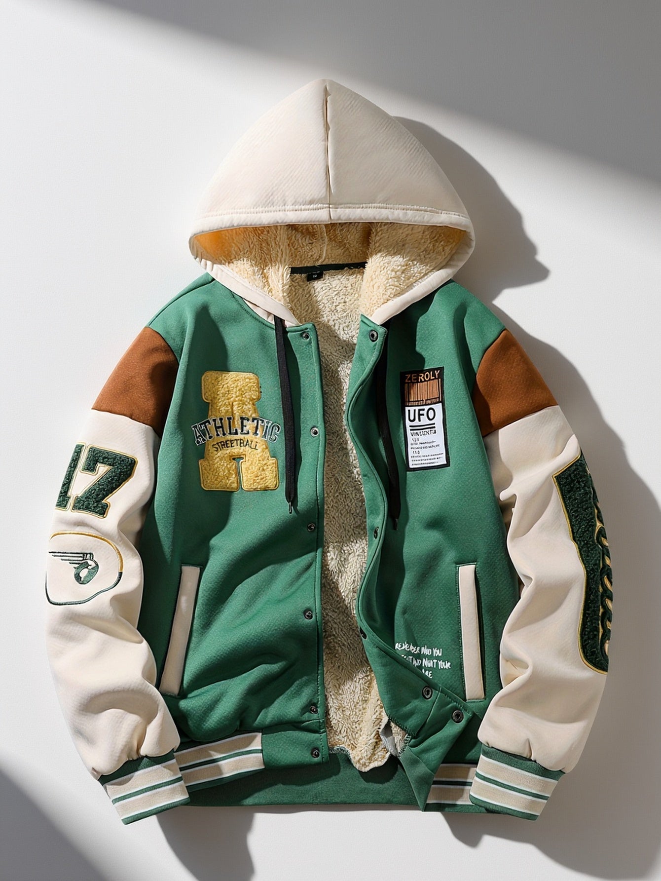 Blouson Teddy Homme Vert et Crème Doublé Capuche Style Universitaire
