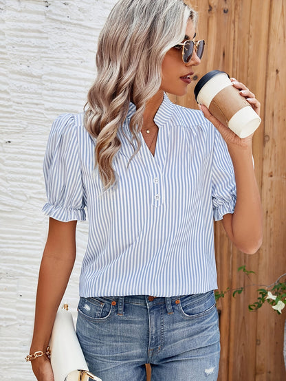 Blouse Femme Élégante à Rayures Manches Bouffantes Style Décontracté Printemps Été