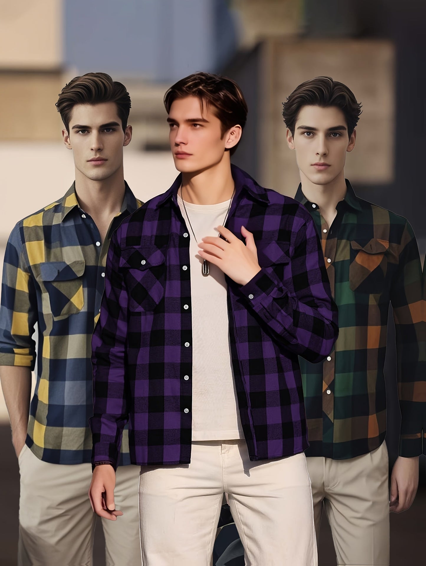 Chemise à Carreaux Homme Manches Longues à Col Classique et Poches Poitrine