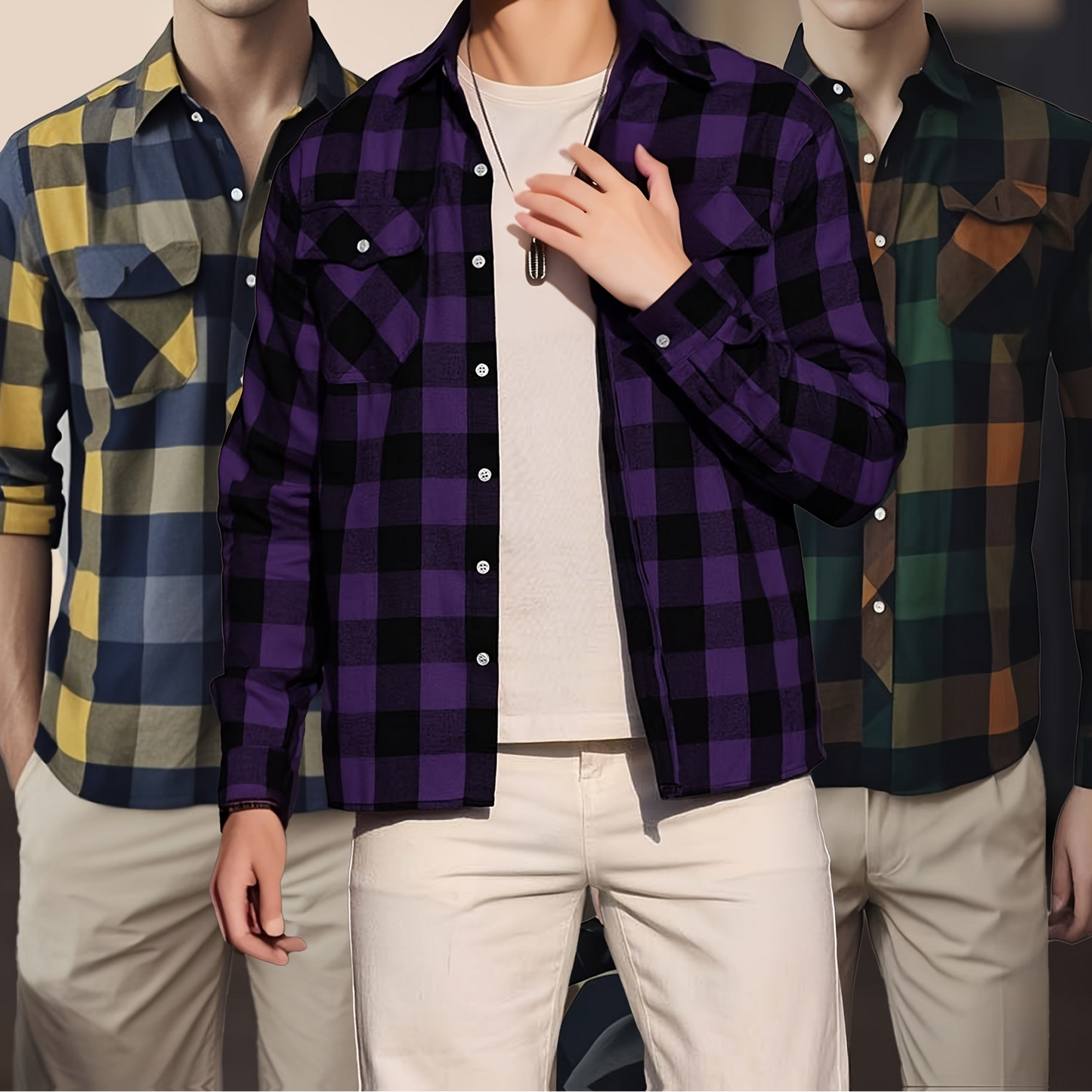 Chemise à Carreaux Homme Manches Longues à Col Classique et Poches Poitrine