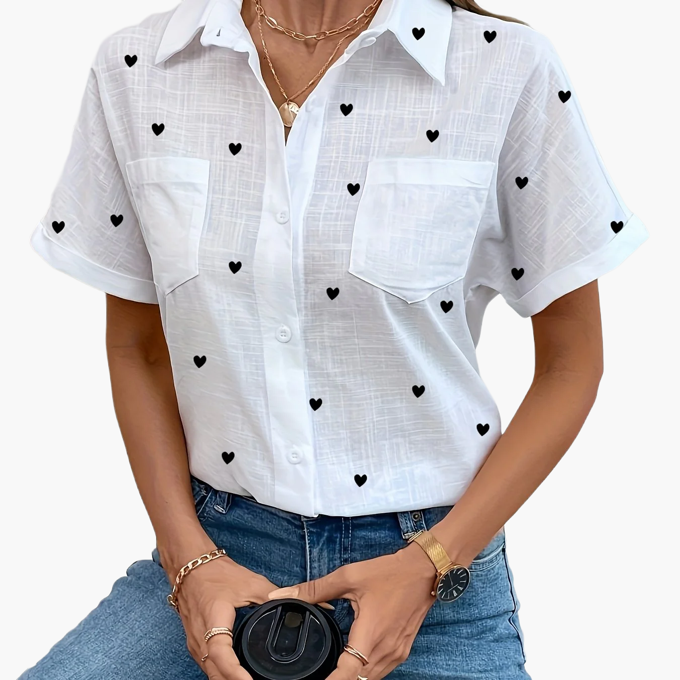 Camisa casual de mujer con mangas cortas y estampado de pájaros para un look chic primavera verano