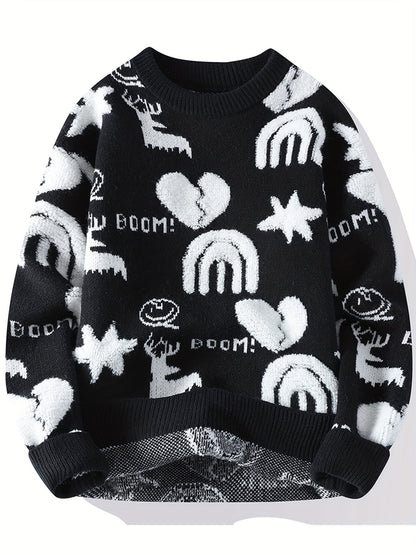 Pull tricoté col rond à motifs variés pour homme - Noir, Blanc ou Rouge
