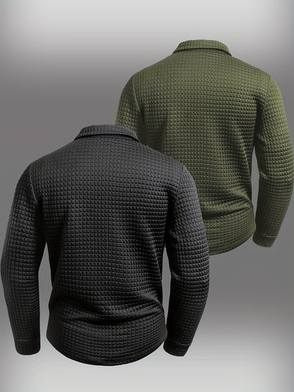 Polo homme à manches longues texturé quadrillé bicolore col chemise