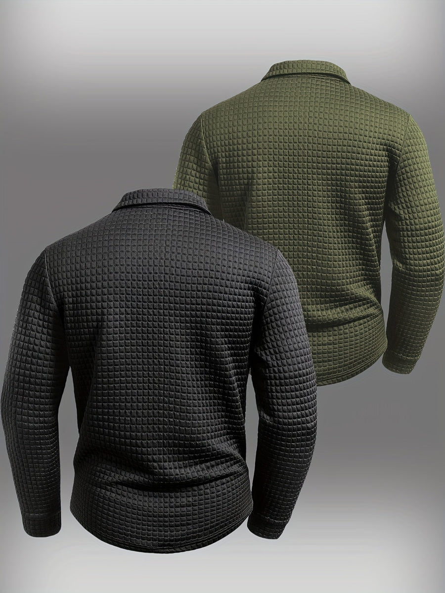 Polo da uomo a maniche lunghe, testurizzato a quadri bicolore, con colletto a camicia