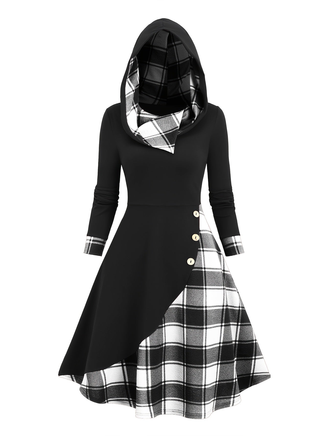 Robe à capuche femme asymétrique noire et à carreaux bicolores avec boutons décoratifs