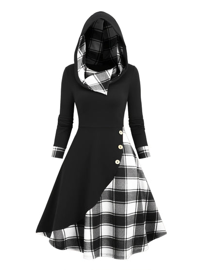 Robe à capuche femme asymétrique noire et à carreaux bicolores avec boutons décoratifs