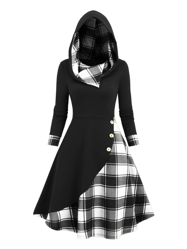 Robe à capuche femme asymétrique noire et à carreaux bicolores avec boutons décoratifs