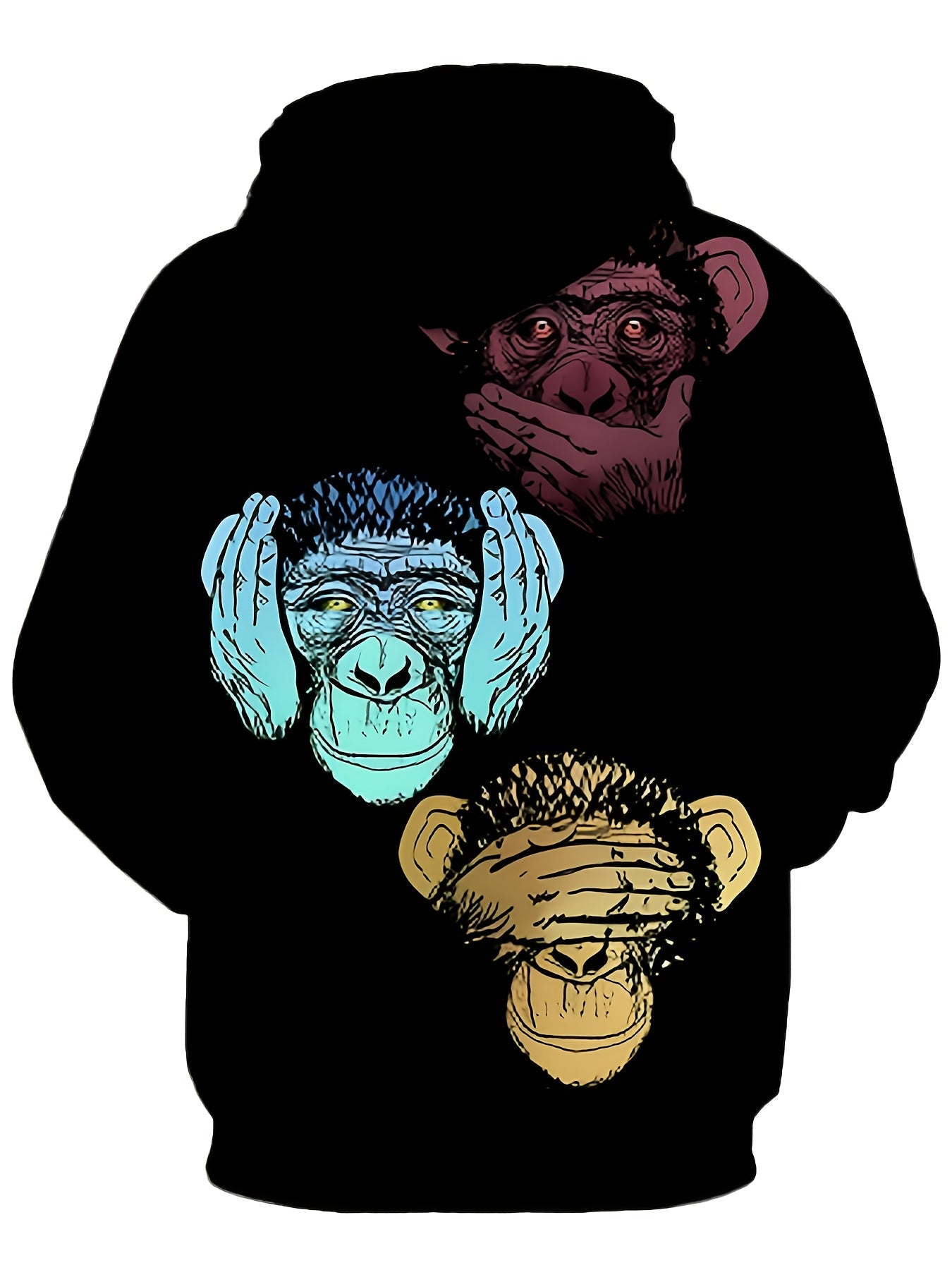 Sweat à capuche noir unisexe motif singes de la sagesse imprimés