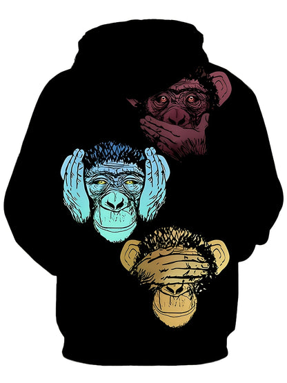 Sweat à capuche noir unisexe motif singes de la sagesse imprimés