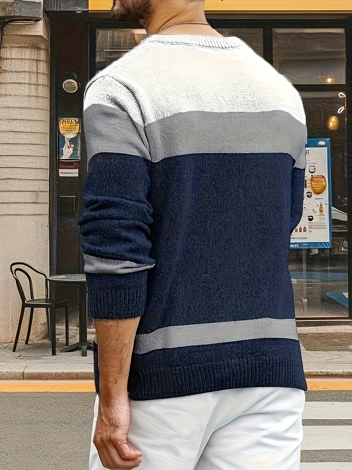 Pull homme col rond tricot torsadé à rayures contrastées