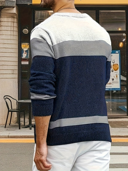 Pull homme col rond tricot torsadé à rayures contrastées