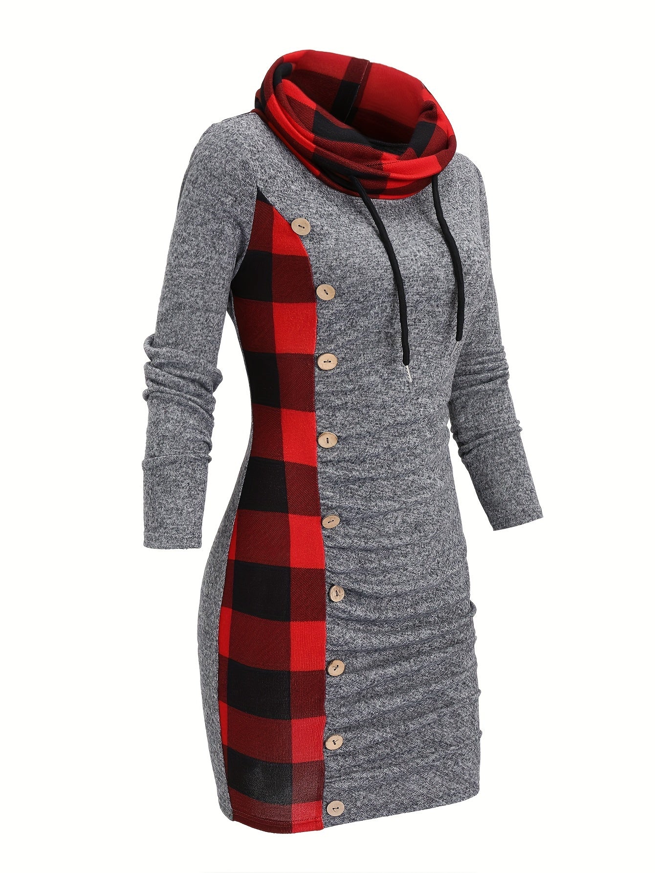 Robe Pull Courte Femme avec Col Cheminée et Motif Carreaux Bicolores