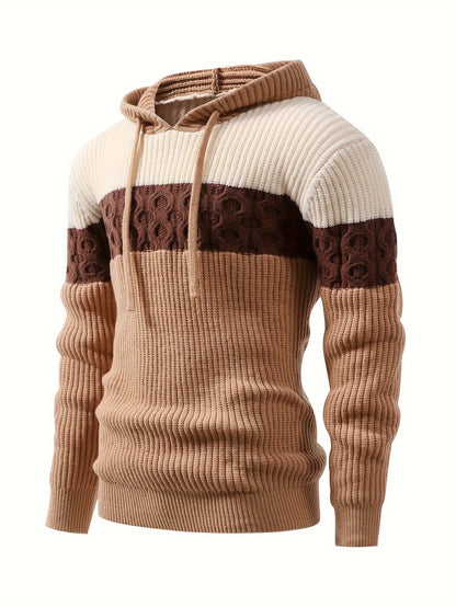 Pull à capuche homme tricoté à rayures, beige, marron et crème, motif torsadé décontracté