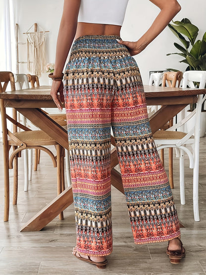 Pantaloni larghi stile bohémien da donna, stampa geometrica, vita elasticizzata, ideali per vacanze e estate