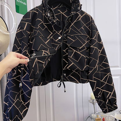 Veste courte à motif floral et abstrait pour femme avec col montant et cordon de serrage