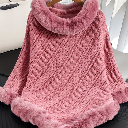 Poncho Femme Tricoté Bleu Marine avec Col et Bordure en Fourrure Synthétique