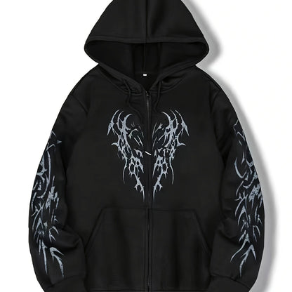 Sweat à capuche zippé noir avec motif tribal rouge manches longues
