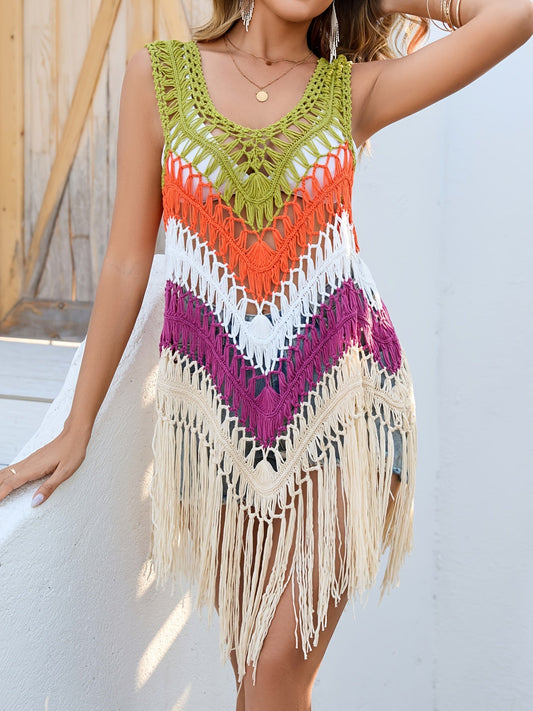 Robe de plage bohème ajourée à franges pour femme – style vacances chic