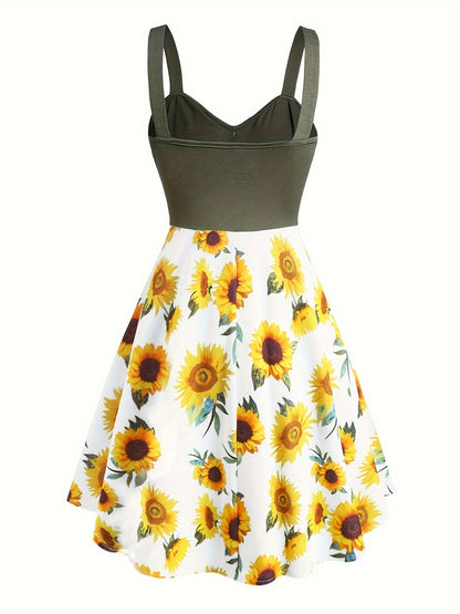 Abito vintage donna stile retrò con spalline, motivo girasole, ideale per l'estate e le occasioni informali