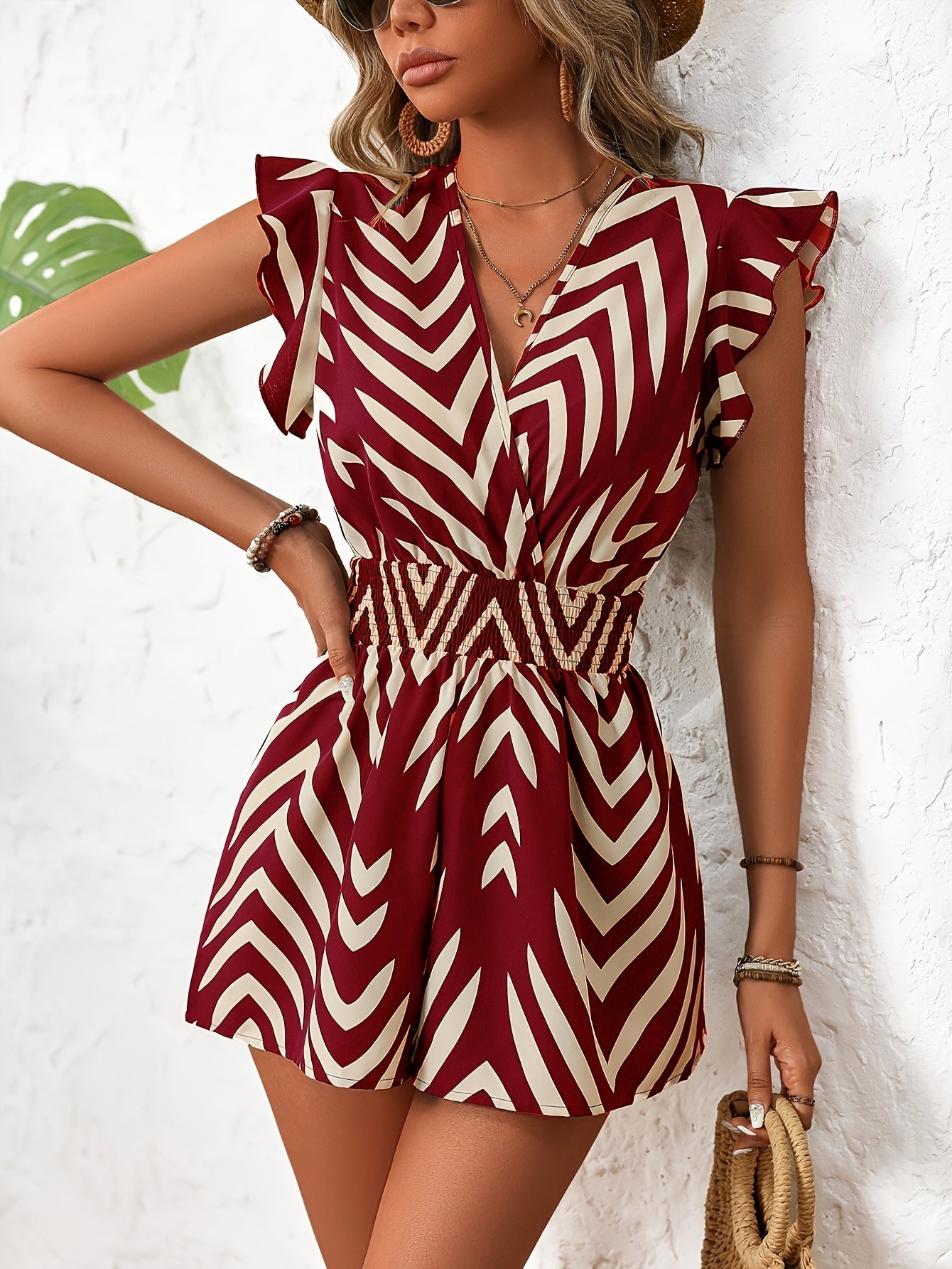 Combishort Femme Élégante à Imprimé Chevron Style Été Décontracté