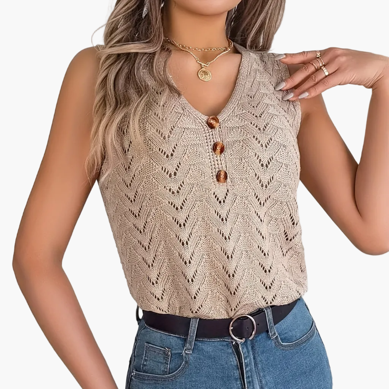 Camiseta sin mangas para mujer, elegante con cuello en V estilo vacaciones, sin mangas, botones decorativos, ideal para primavera/verano