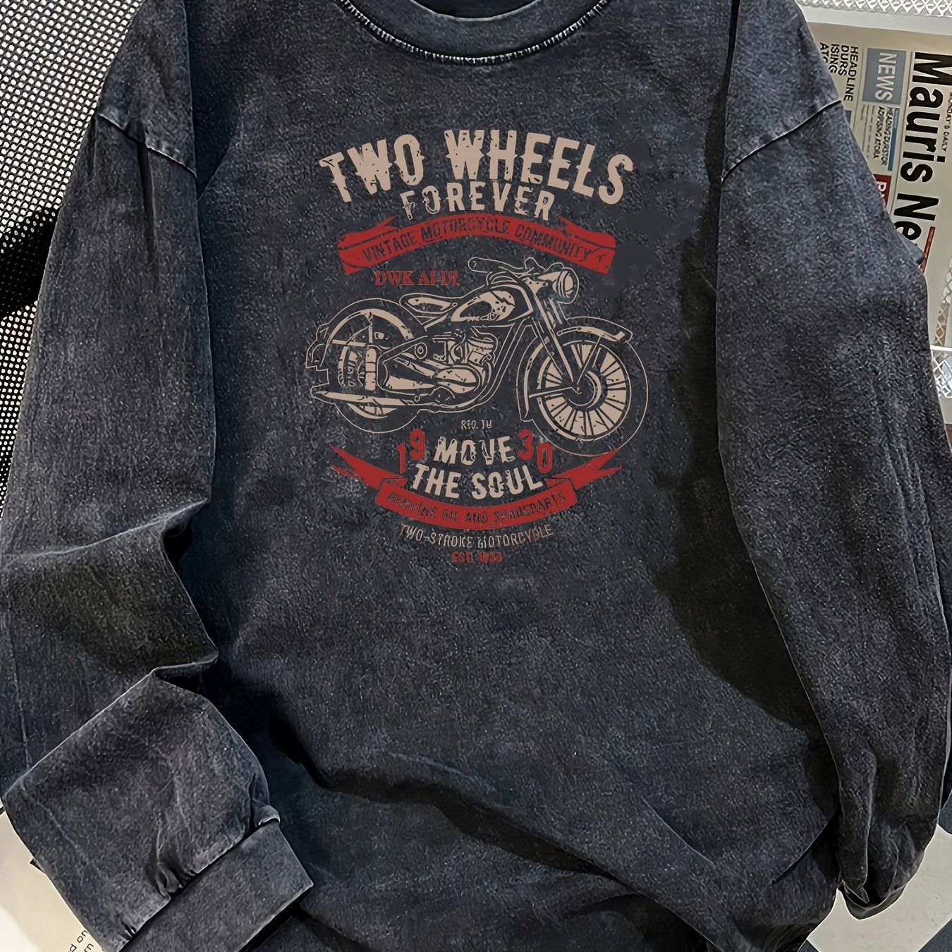Haut à manches longues délavé gris anthracite avec imprimé moto graphique rétro