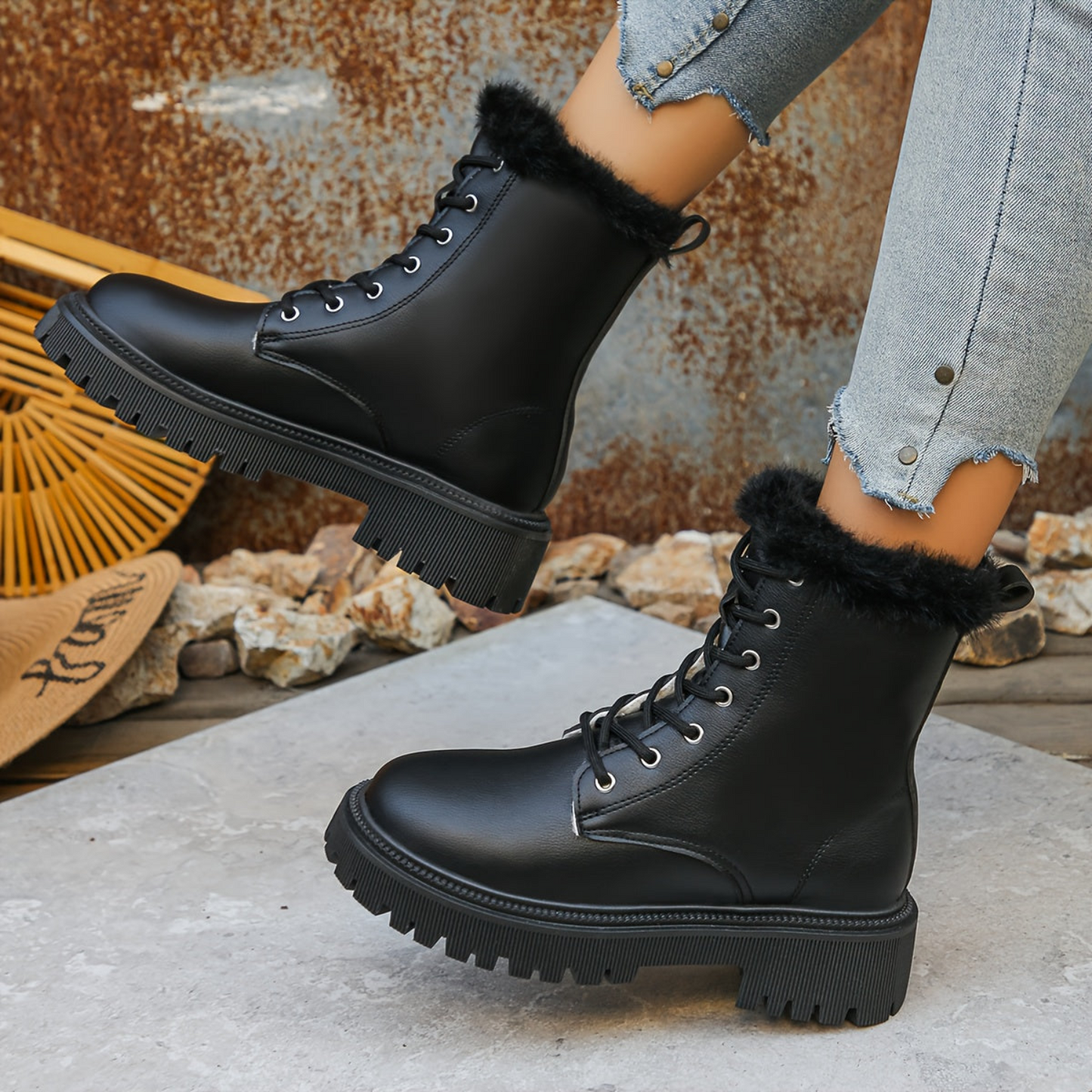 Bottes chunky fourrées à lacets pour femme