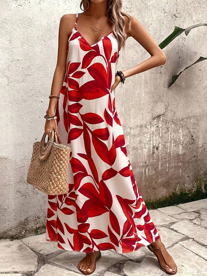 Robe longue femme à bretelles style artistique abstrait pour été et vacances