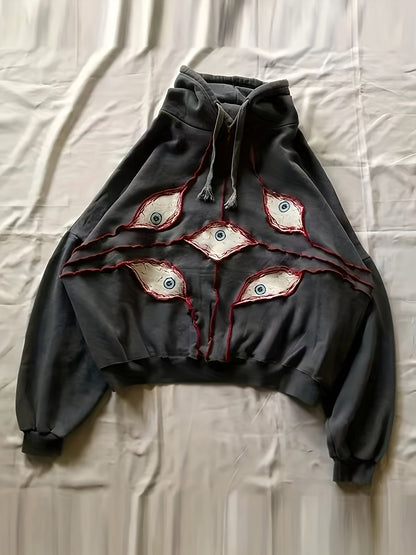 Sweat à Capuche Gris Anthracite Ample avec Motifs Yeux Stylisés