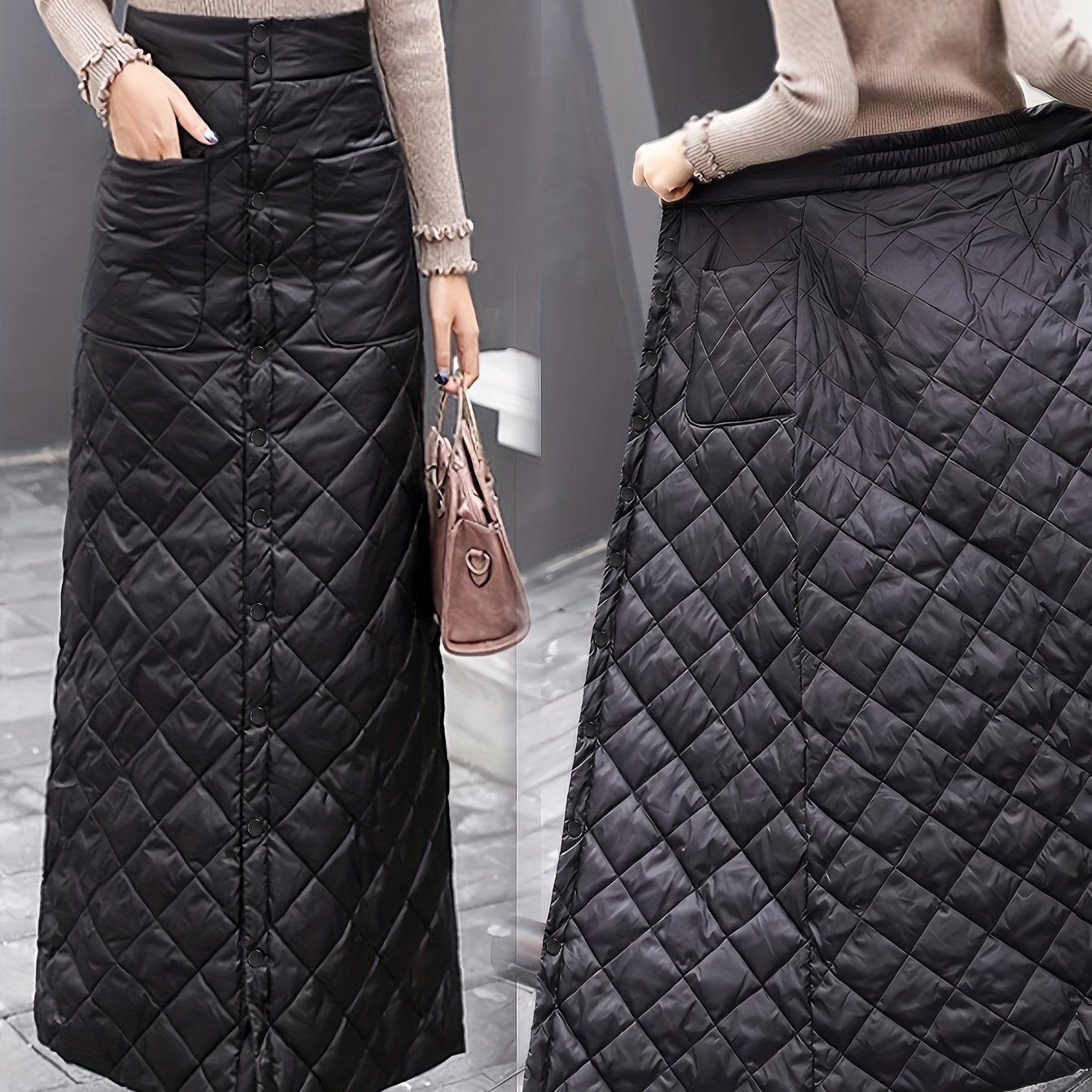 Jupe longue matelassée noire boutonnée taille haute pour femme