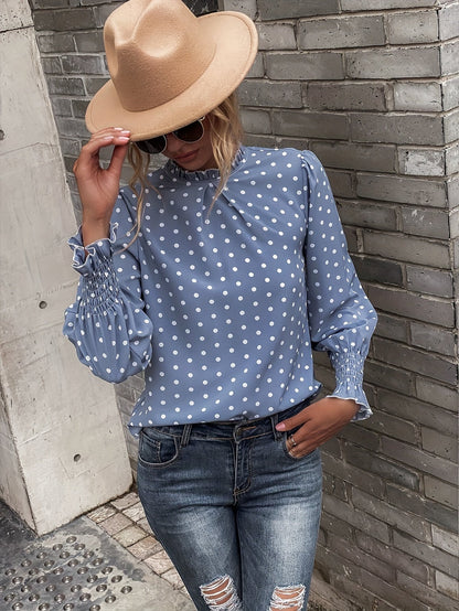 Chemisier Femme à Pois Col Montant Manches Longues Bleue
