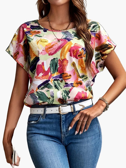 T-shirt femme coupe décontractée style artistique imprimé pinceaux – Élégant pour l'été