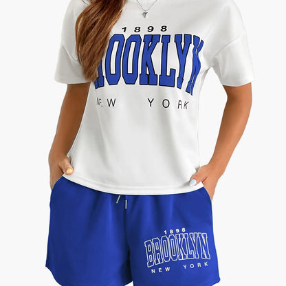 Conjunto casual para mujer estilo universitario con camiseta y pantalones cortos estampados Brooklyn Nueva York