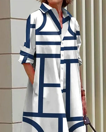 Damska sukienka koszulowa o luźnym kroju z geometrycznym nadrukiem i kieszeniami, styl casual chic