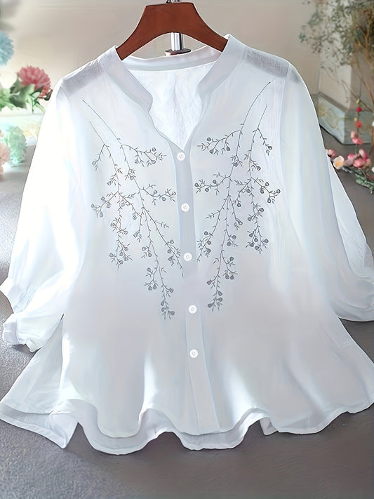 Elegant women's blouse with floral embroidery, summer style for office or outing