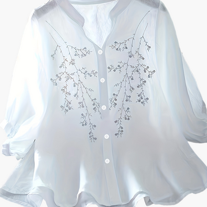 Elegant damebluse med blomsterbroderi i sommerstil til kontor eller udflugt
