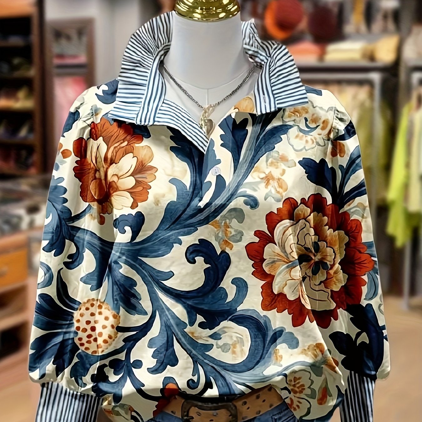 Blouse Femme Imprimé Floral Baroque à Col Rayé et Manches Longues Poignets Rayés