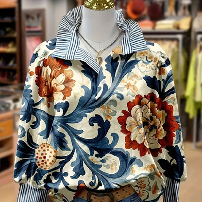 Blouse Femme Imprimé Floral Baroque à Col Rayé et Manches Longues Poignets Rayés