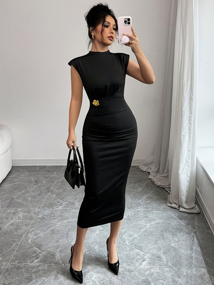 Elegante dames midilengte jurk in bodycon-stijl met hoge hals, voor avond of kantoor