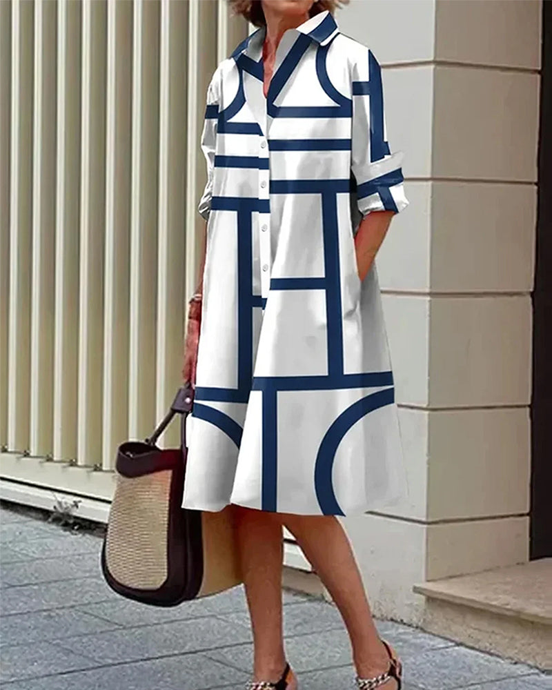Damska sukienka koszulowa o luźnym kroju z geometrycznym nadrukiem i kieszeniami, styl casual chic