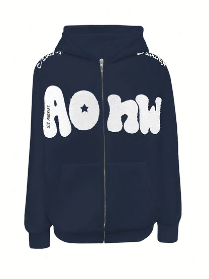 Sweat à Capuche Zippé Femme Rose Vif Étoile New York Lettrage Noir