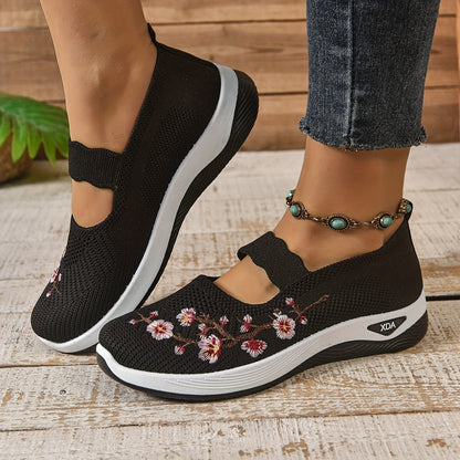 Chaussures décontractées femme confort avec broderie florale et bride élastique – Style marche et loisirs